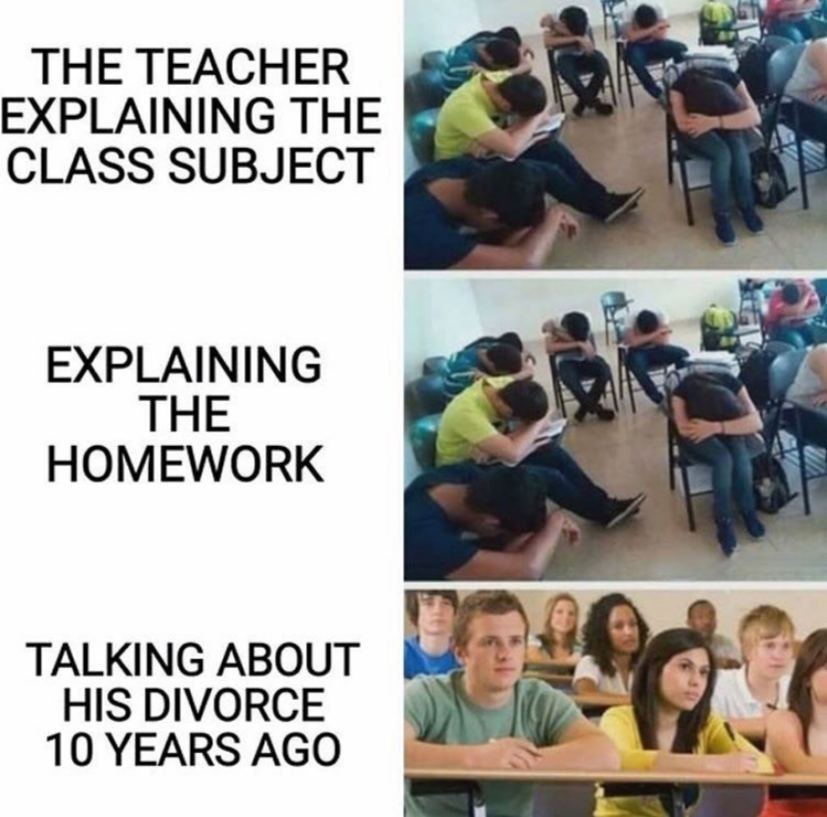 THE TEACHER EXPLAINING THE CLASS SUBJECT EXPLAINING HOMEWORK TALKING ABOUT HIS DIVORCE 10 YEARS AGO