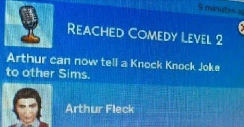 REACHED COMEDY LEVEL 9 Arthur can now tell а Knock Knock Joke to other Arthur Fleck