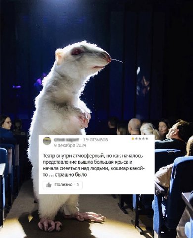 19 отзывов 9 декабря 2024 Театр внутри атмосферный, но как началось представление вышла большая крыса и начала смеяться над людьми, кошмар какой- TO страшно было Полезно 5