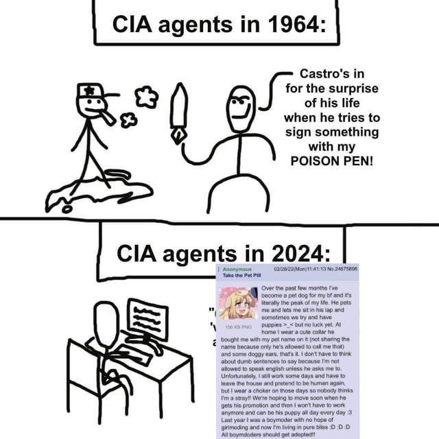 CIA agents in 1964: Castro's in for the surprise of his life when he tries to sign something with my CIA agents 2024: Anonymous: Take the Pet Over the past few months а dog for my and it's the peak of