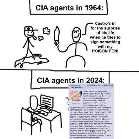 CIA agents in 1964: Castro's in for the surprise of his life when he tries to sign something with my CIA agents 2024: Anonymous: Take the Pet Over the past few months а dog for my and it's the peak of