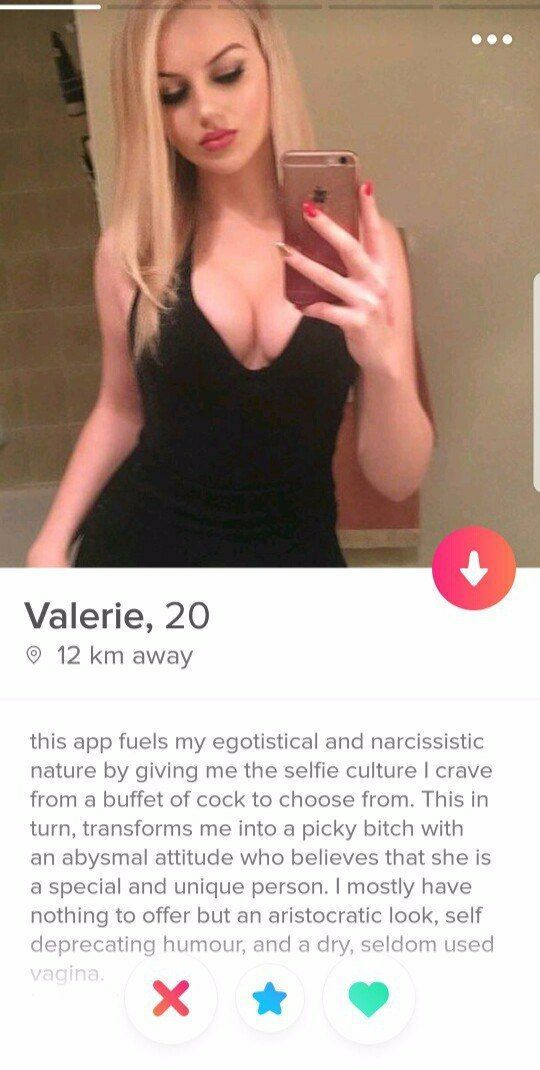Valerie, 20 12 away this app fuels my egotistical and narcissistic nature giving me the selfie culture crave from a buffet of cock to choose from. This in turn, transforms me into a picky bitch with a