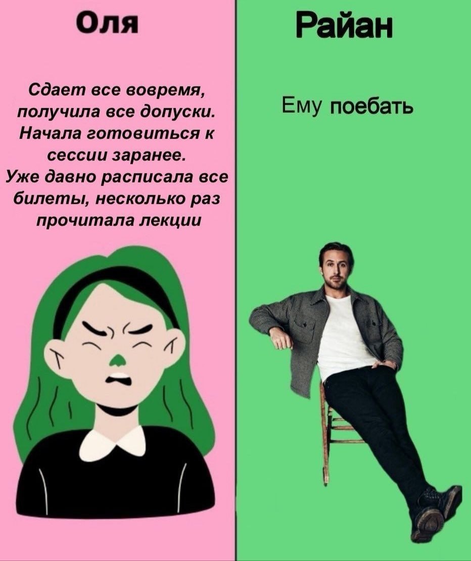 Оля Райан Сдает все вовремя, получила все допуски. Ему поебать Начала готовиться к сессии заранее. Уже давно расписала все билеты, несколько раз прочитала лекции