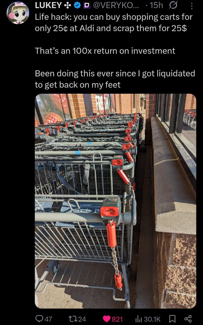 ГОКЕУ Life hack: you can buy shopping carts a? only at Aldi and scrap them for 25$ That’s an return on investment Been doing this ever since got liquidated to get back on my feet ЕЕ 4 1 К