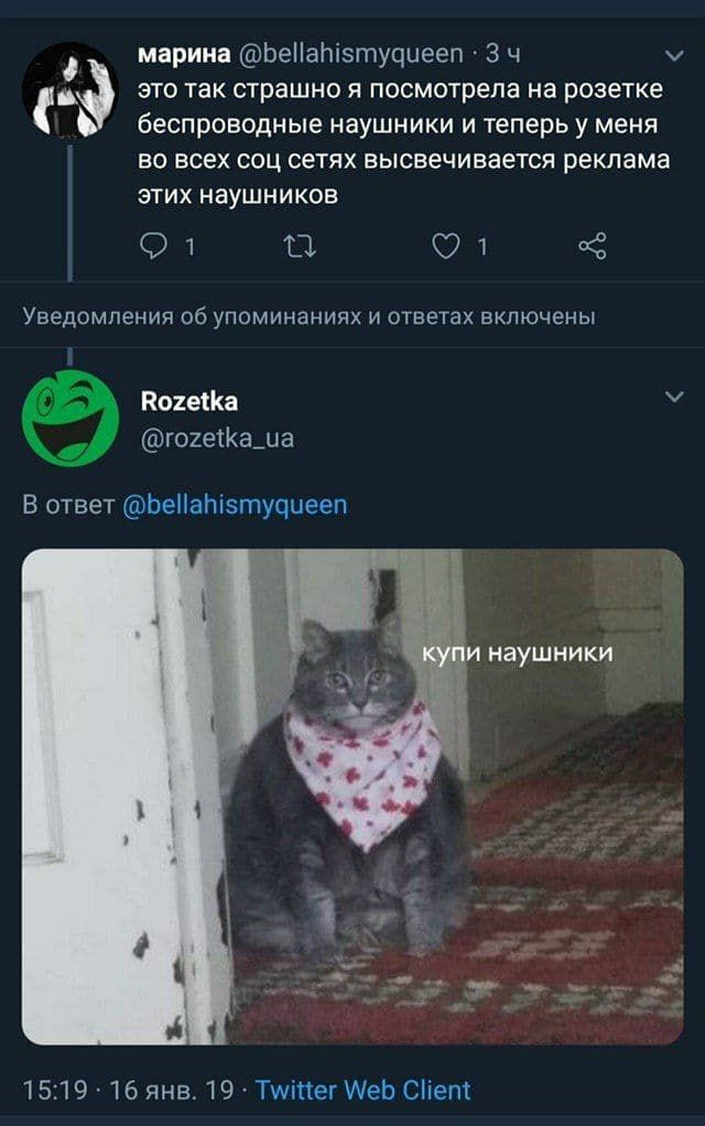 марина @bellahismyqueen 3 4 это так страшно я посмотрела на розетке беспроводные наушники и теперь у меня во всех соц сетях высвечивается реклама этих наушников 0 1 Уведомления об упоминаниях и ответа