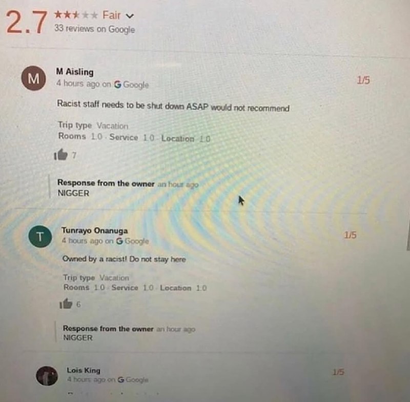 kkk Fair 2. 33 reviews on Googie Aisling 4 hours ago on Google Racist Staff needs to be shut dawn ASAP would not recommend Trip type Vacation Rooms 10. Service Location 10 7 Response from the owner an