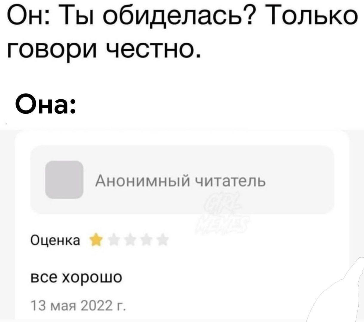 Он: Ты обиделась? Только говори честно. Она: Анонимный читатель Оценка все хорошо 13 мая 2022