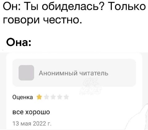 Он: Ты обиделась? Только говори честно. Она: Анонимный читатель Оценка все хорошо 13 мая 2022