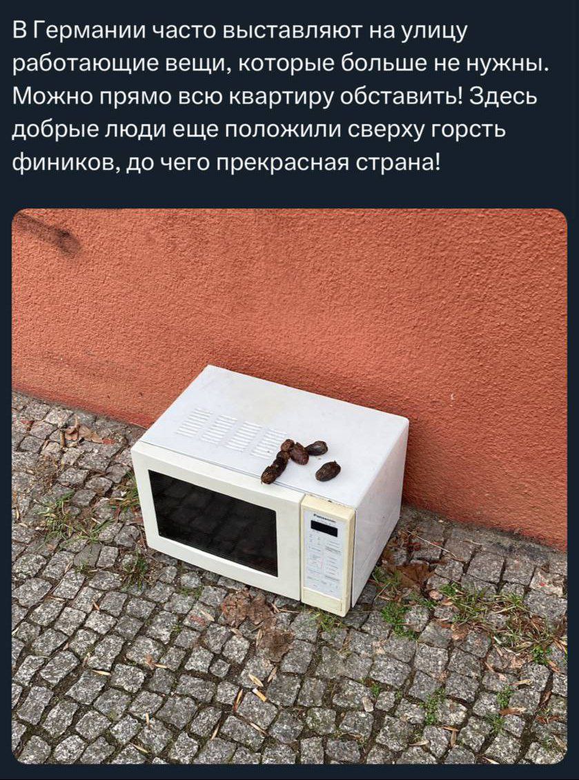 В Германии часто выставляют на улицу работающие вещи, которые больше не нужны. Можно прямо всю квартиру обставить! Здесь добрые люди еще положили сверху горсть фиников, до чего прекрасная страна!