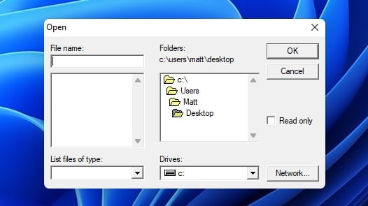 Ореп wil File name: Folders: Lek Cancel Users Matt Desktop Read only List files of type: Drives: Network...