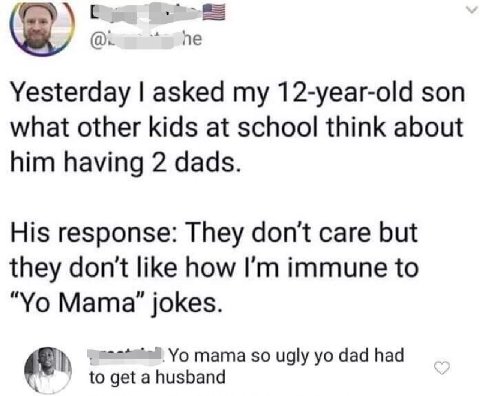 Yesterday asked my 12-year-old son what other kids at school think about him having 2 dads. His response: They don't care but they don't like how immune to Мата" jokes. mama so ugly dad had to get a h