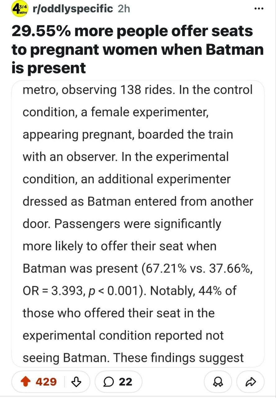 29.55% more people offer seats to pregnant women when Batman is present metro, observing 138 rides. In the control condition, a female experimenter, appearing pregnant, boarded the train with an obser