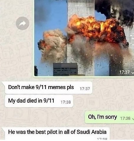 if 17:37 Don't make 9/11 memes pls 17:37 My dad 17:38 He was the best pilot in all of Saudi Arabia 17-290