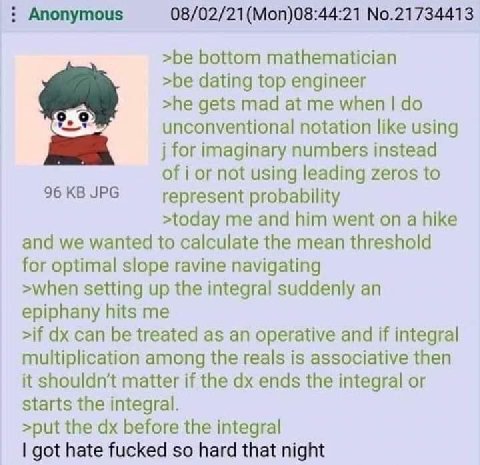 Anonymous (Моп)08:44:21 No.21734413 >be bottom mathematician >be dating top engineer >he gets mad at me when unconventional notation like using for imaginary numbers instead of i or not using leading 