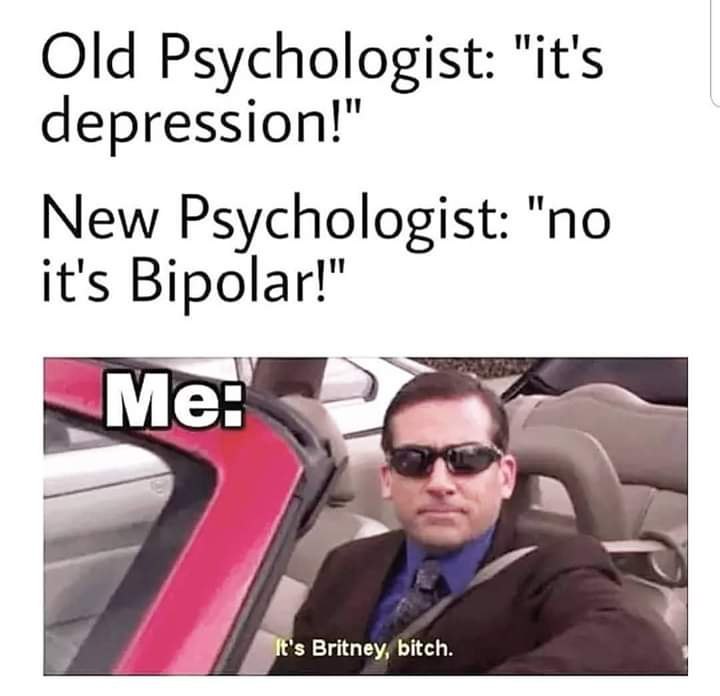 Old Psychologist: "it's depression!" New Psychologist: "no it's Bipolar!" 7 bitch.
