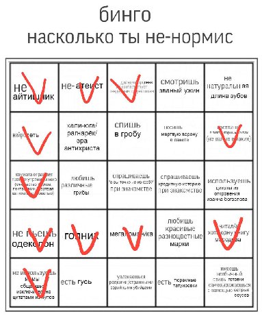 бинго насколько ты не-нормис длинач щлена не coc вует смотришь не реотипам званый ужин айти длина зубов кали-юга/ носишь рагнарёк/ мертвую ворону в пакете (He о эра антихриста комната тво! нутрен мир 
