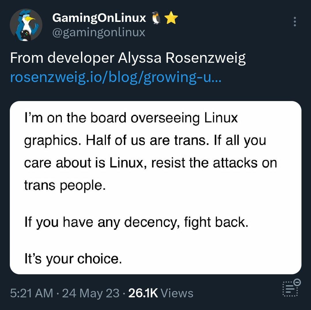 mingOnLinux Ж mingonlinux From developer Alyssa Rosenzweig on the board overseeing Linux graphics. Half of are trans. If all you care about is Linux, resist the attacks on trans people. If you have an