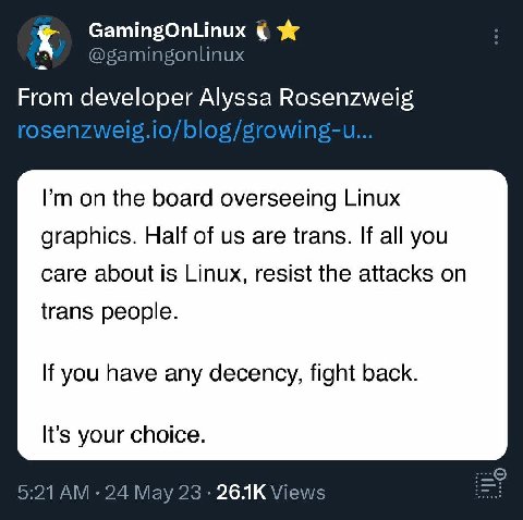 mingOnLinux Ж mingonlinux From developer Alyssa Rosenzweig on the board overseeing Linux graphics. Half of are trans. If all you care about is Linux, resist the attacks on trans people. If you have an