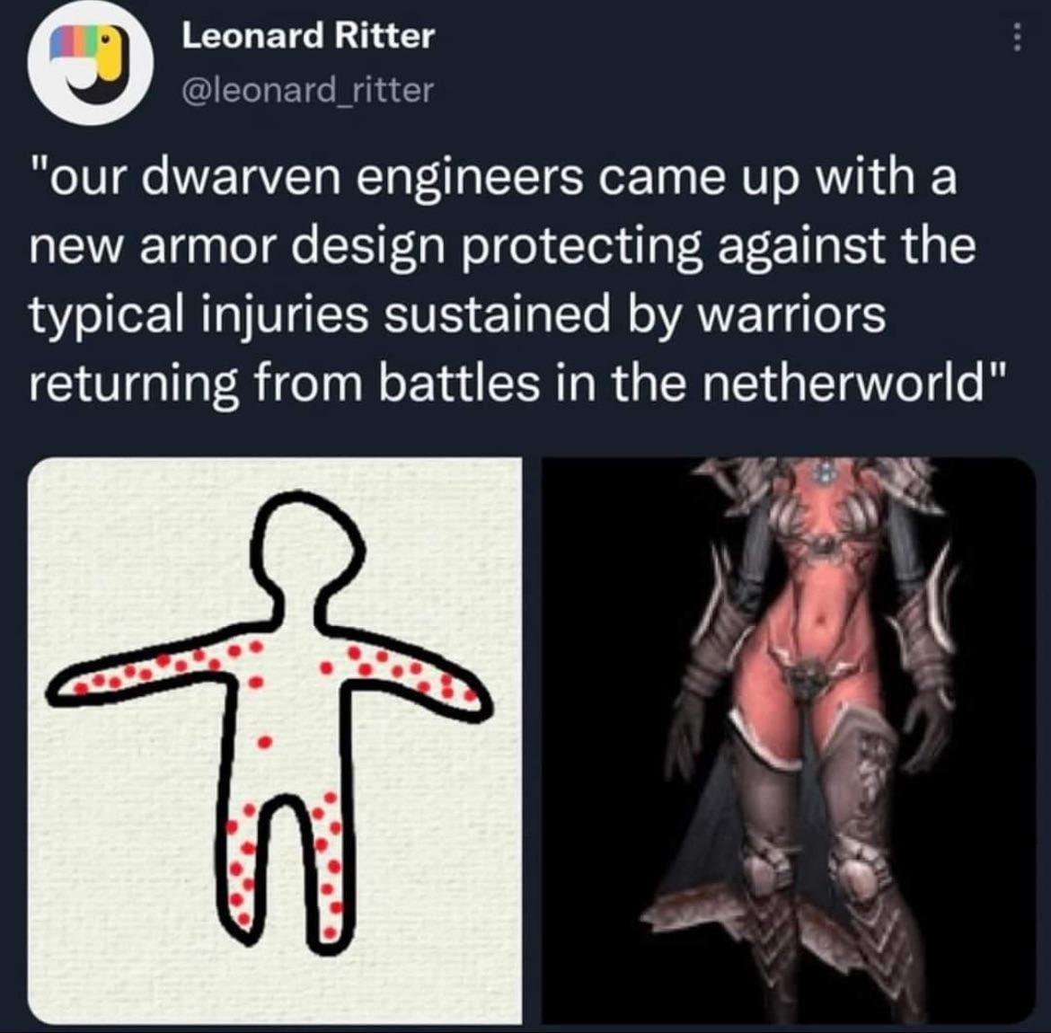 Leonard Ritter our dwarven engineers came up with a new armor design protecting against the typical injuries sustained warriors returning from battles in the netherworld" О