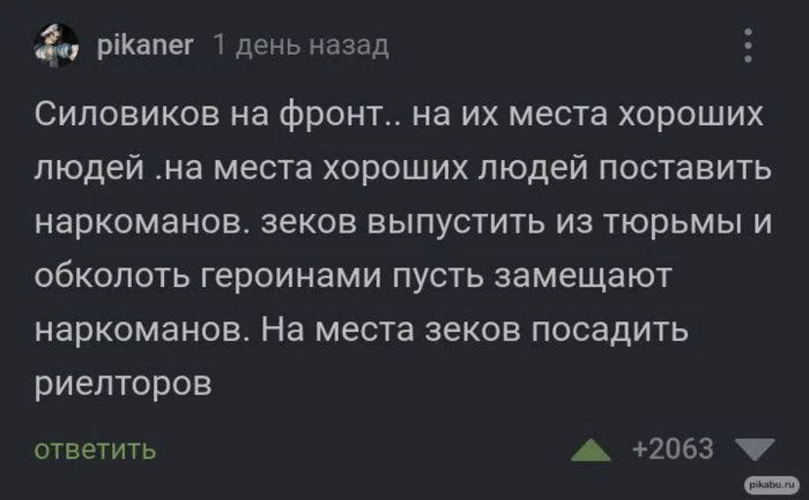 pikaner 1 день назад Силовиков на фронт.. на места хороших людей .на места хороших людей поставить наркоманов. зеков выпустить из тюрьмы и обколоть героинами пусть замещают наркоманов. На места зеков 