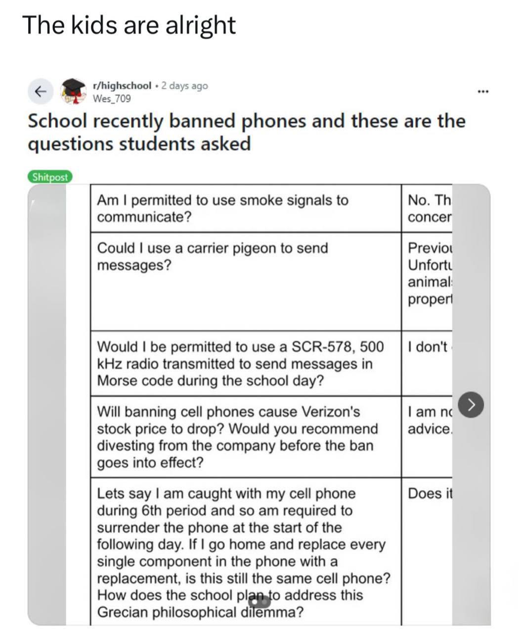 The kids are alright 2 days ago Wes. 709 School recently banned phones and these are the questions students asked permitted to use smoke signals to No. communicate? concer Could use a carrier pigeon t