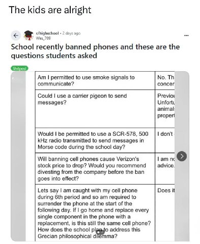 The kids are alright 2 days ago Wes. 709 School recently banned phones and these are the questions students asked permitted to use smoke signals to No. communicate? concer Could use a carrier pigeon t