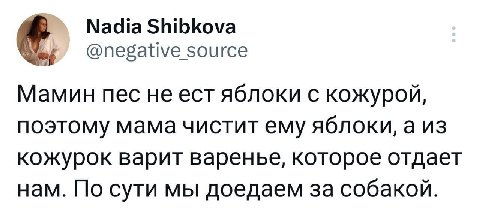 Nadia Shibkova @negative source Мамин пес не ест яблоки с кожурой, поэтому мама чистит ему яблоки, а из кожурок варит варенье, которое отдает нам. По сути мы доедаем за собакой.