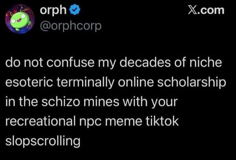 orph Х.сот @orphcorp not confuse my decades of niche esoteric terminally online scholarship in the schizo mines with your recreational noc meme tiktok slopscrolling