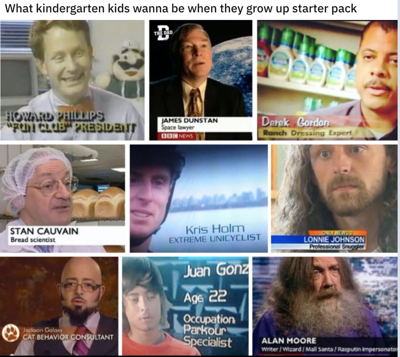 What kindergarten kids wanna be when they grow up starter pack ‘THE DAD 4 #1 JAMES DUNSTAN Space lawyer STAN CAUVAIN Kris Holm Bread scientist EXTREME UNICYCLIST LONNIE JOHNSON Cle) 2 22 Jacksc с ALAN