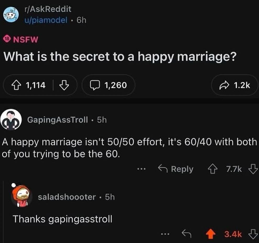 r/AskReddit u/piamodel NSFW What is the secret to a happy marriage? 1114 1,260 2 A happy marriage isn't 50/50 effort, it's 60/40 with both of you trying to be the 60. saladshoooter Thanks gapingasstro