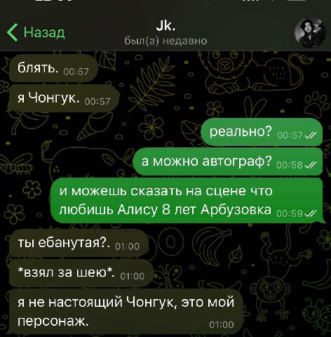 блять. я Чонгук. реально? и а можно автограф? и можешь сказать на сцене что любишь Алису 8 лет Арбузовка ты ебанутая?. *взял за шею*. я не настоящий Чонгук, это мой персонаж.