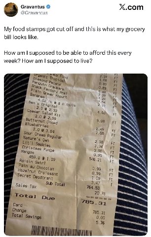 Gravantus Х.сот @Gravantus My food stamps got cut off and this is what my grocery bill looks like. How to be able to afford this every week? How supposed to live? топа в 1.68 0.89 0.89 Yogurt 4 2 Caes