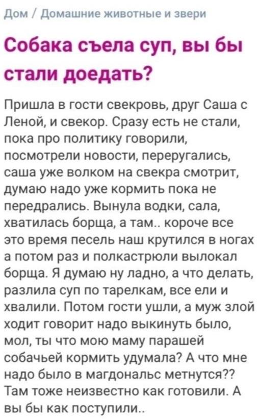 Дом Домашние животные и звери Собака съела суп, вы бы стали доедать? Пришла в гости свекровь, друг Саша с Леной, и свекор. Сразу есть не стали, пока про политику говорили, посмотрели новости, переруга