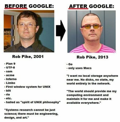 GOOGLE: GOOGLE: Rob Pike, 2001 Rob Pike, 2013 Рап 9 ОТЕ-8 uses Macs -sam -acme "1 want no local storage anywhere near me. No disks, no state, my world entirely in the network. First window system for 