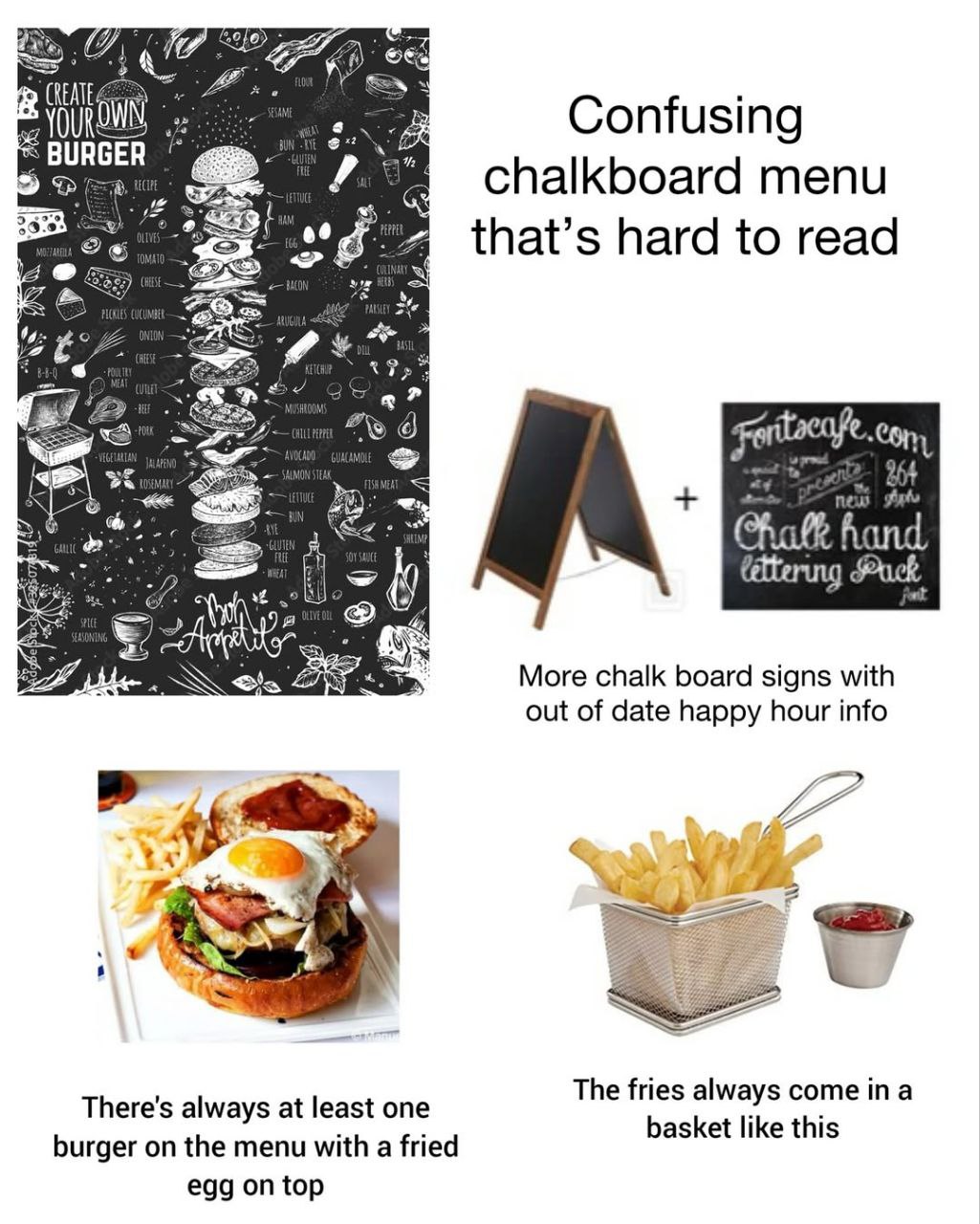 Confusing BURGER chalkboard menu that’s hard to read fond Pack More chalk board signs with out of date happy hour info The fries always come ina There's always at least one basket like this burger on 