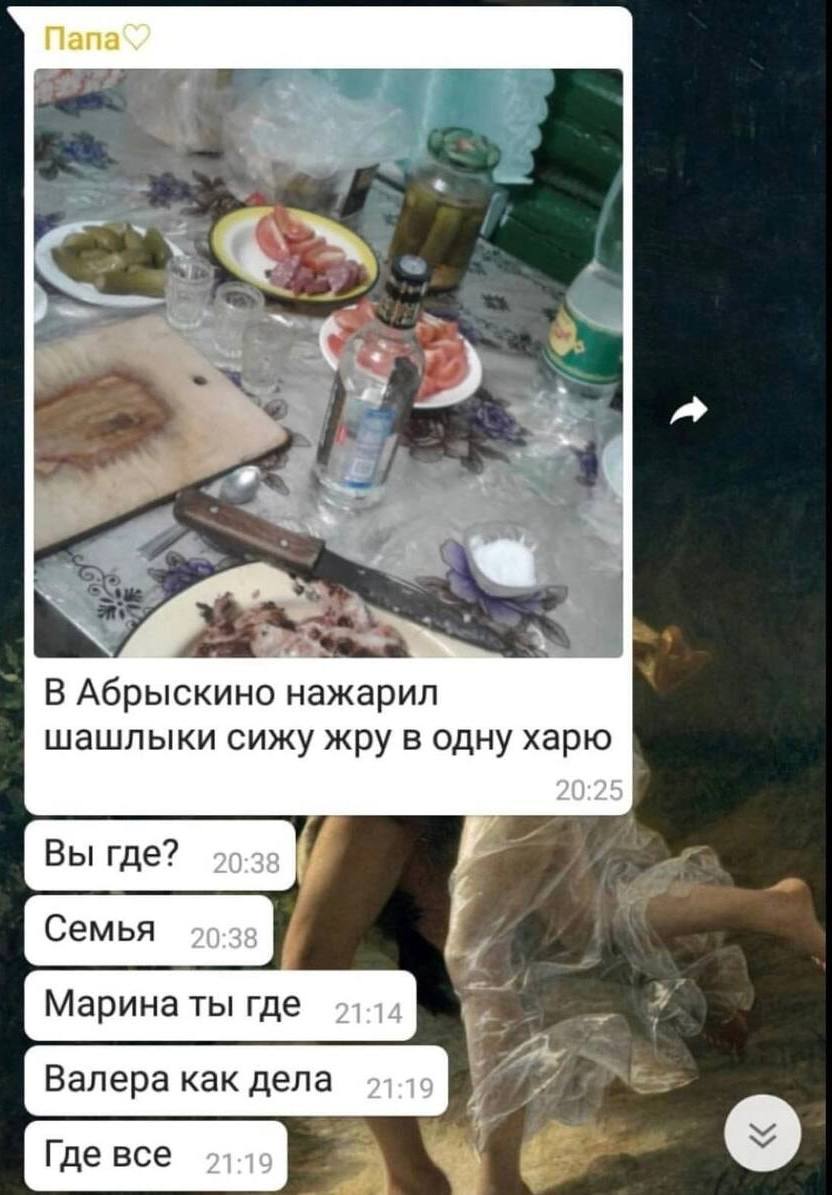 В Абрыскино нажарил шашлыки сижу жру в одну харю 20:25 Вы где? 20:38 Семья 20:38 Марина ты где 21:14 Валера как дела Где все 93-19