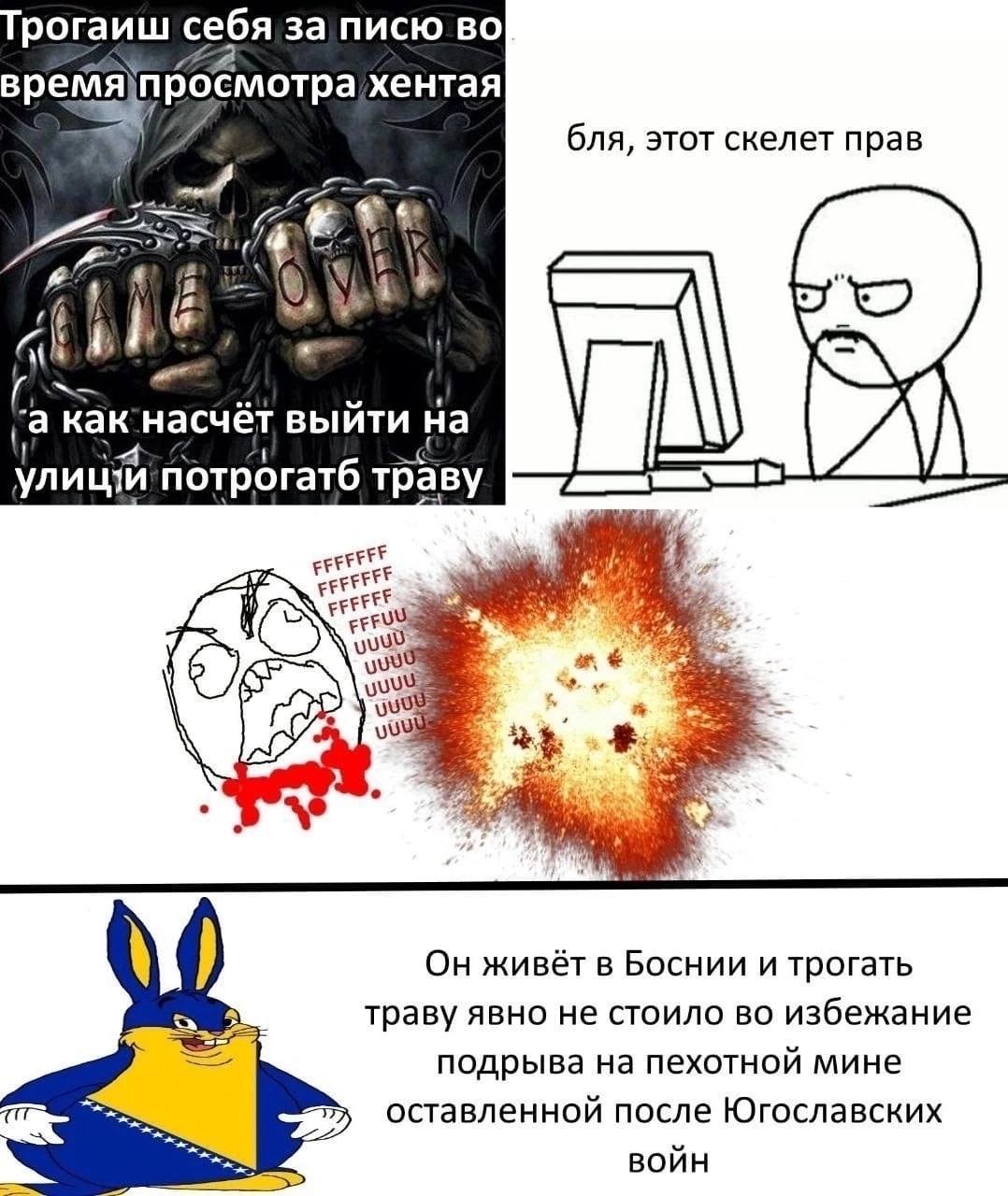 рогаиш себя за писю во бля, этот скелет прав he (a насчёт выйти потрогатб траву yuu a yuu yuu) Он живёт в Боснии и трогать траву явно не стоило во избежание подрыва на пехотнои мине оставленной после 