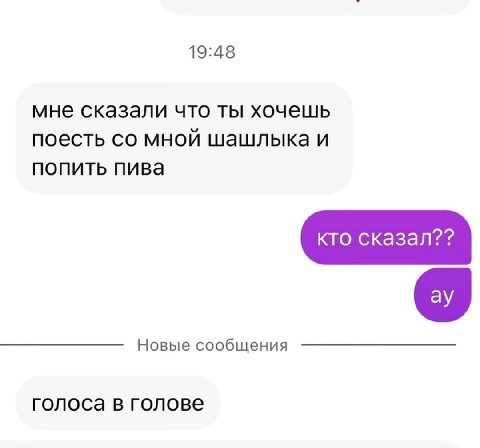 19:48 мне сказали что ты хочешь поесть мной шашлыка и попить пива кто сказал?? Новые сообщения голоса в голове