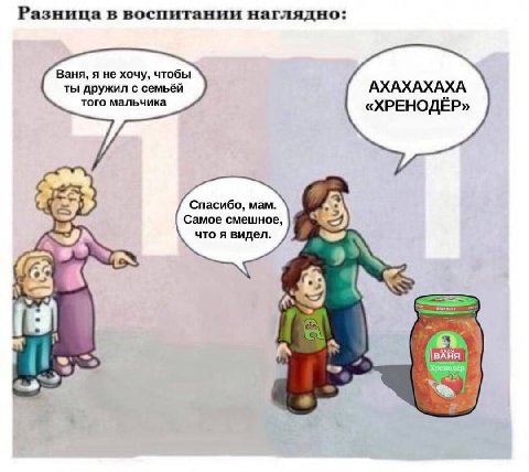 Разница в воспитании наглядно; Ваня, я не хочу, чтобы АХАХАХАХА ты дружил с семьёй того мальчика «ХРЕНОДЁР» Спасибо, мам. Самое смешное, 9 что я видел. IN ON У