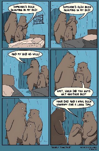 SOMEONE'S BEEN SOMEONE'S ALSO BEEN SLEEPING IN MY BED! SLEEPING IN MY BED! lez и AND BED AS WELL! 7) 1\ А 7 WHEN DID You №8 ANOTHER BED? YOUR DAD AND HAVE BEEN UNHAPPY FOR A LONG TIME 4 1 и 2) 7 А A A