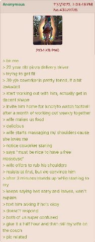 Anonymous 11/7/2023, 7:39:46 No.43570235 $1 2134 РМС >be 22 year old pizza delivery driver trying to get fit 30 coworker is pretty toned, if a bit awkward start working out with him, actually get in d