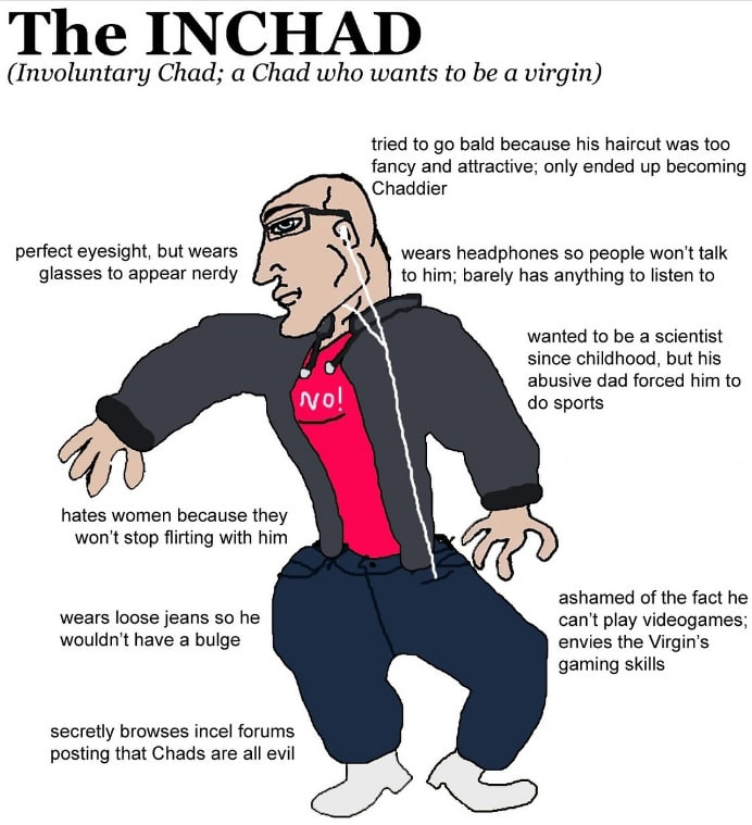 Chad; а Chad who wants to be a virgin) tried to bald because his haircut was too fancy and attractive; only ended up becoming Chaddier perfect eyesight, but wears wears headphones so people won't talk