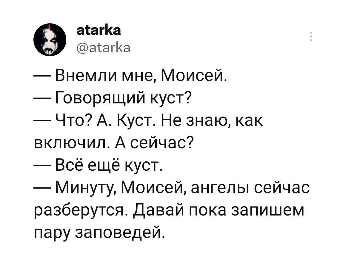 atarka @atarka Внемли мне, Моисей. Говорящий куст? Что? А. Куст. Не знаю, как включил. А сейчас? Всё ещё куст. Минуту, Моисей, ангелы сейчас разберутся. Давай пока запишем пару заповедей.
