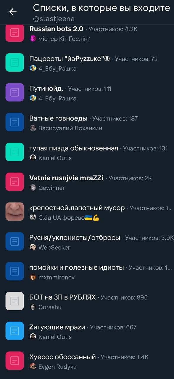 Списки, в которые вы входите @slastjeena Russian bots 2.0 Участников: mictep Kit Пацреоты Участников: 72 4 Путинойд. Участников: 111 1 Ебу Рашка Ватные говноеды Участников: 187 Васисуалий Лоханкин туп