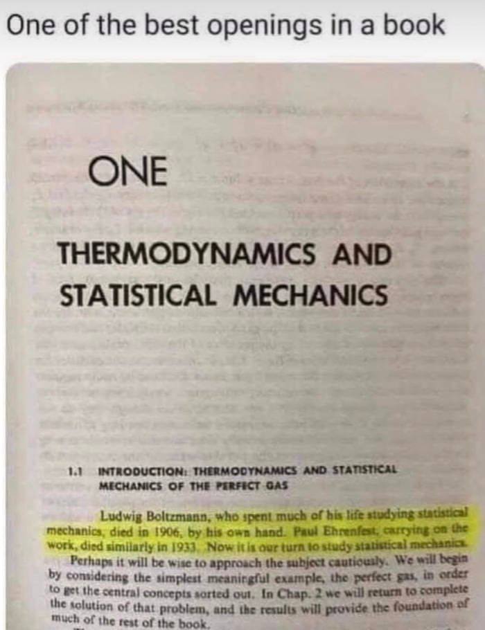 One of the best openings in a book ONE THERMODYNAMICS AND STATISTICAL MECHANICS 1.1 INTROOUCTION: THERMODYNAMICS AND MECHANICS OF THE PERFECT GAS Ludwig Boltzmann, who spent much of his life studying 