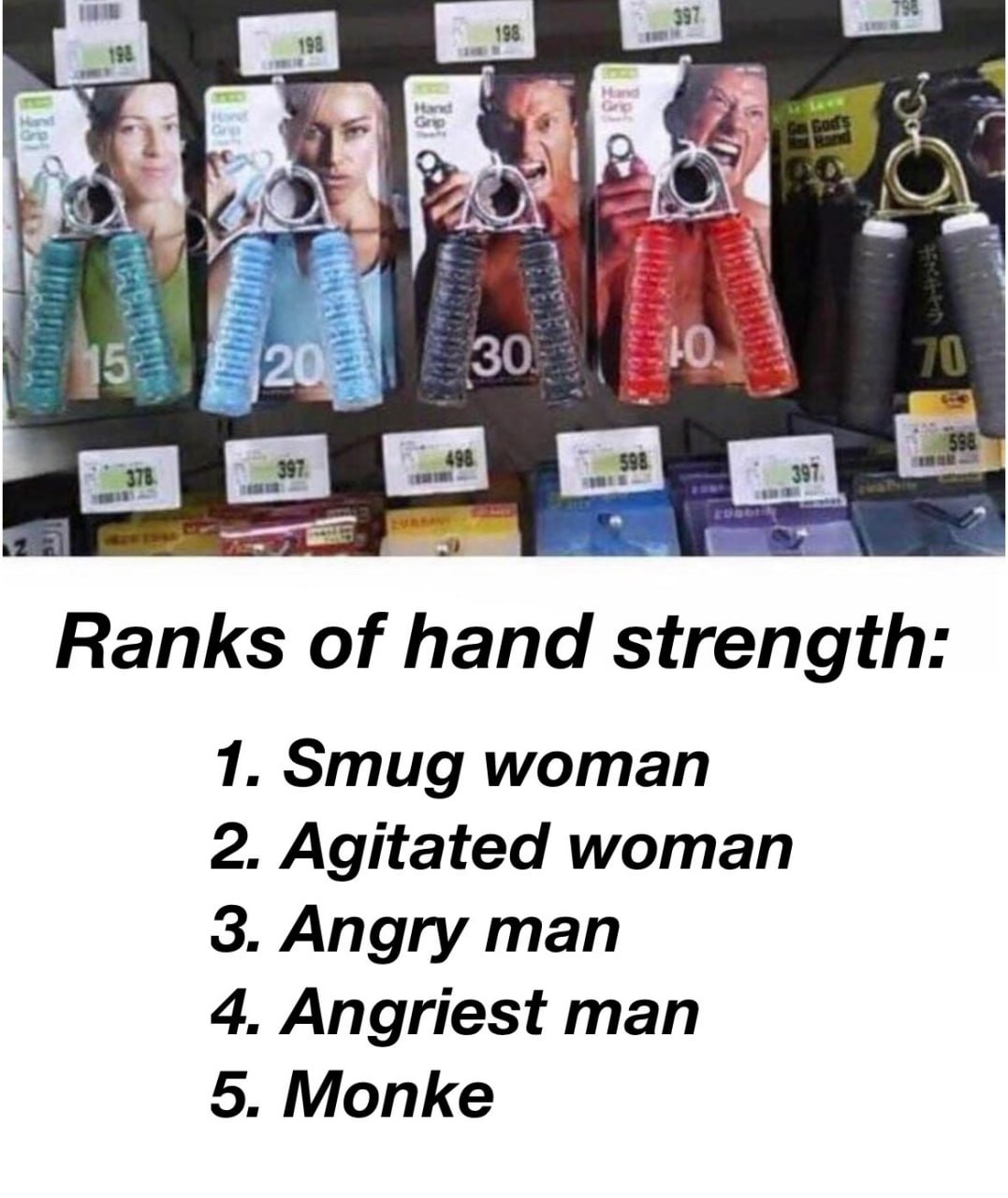о Ranks of hand strength: 1. Smug woman 2. Agitated woman 3. Angry man 4, Angriest man 5. Monke