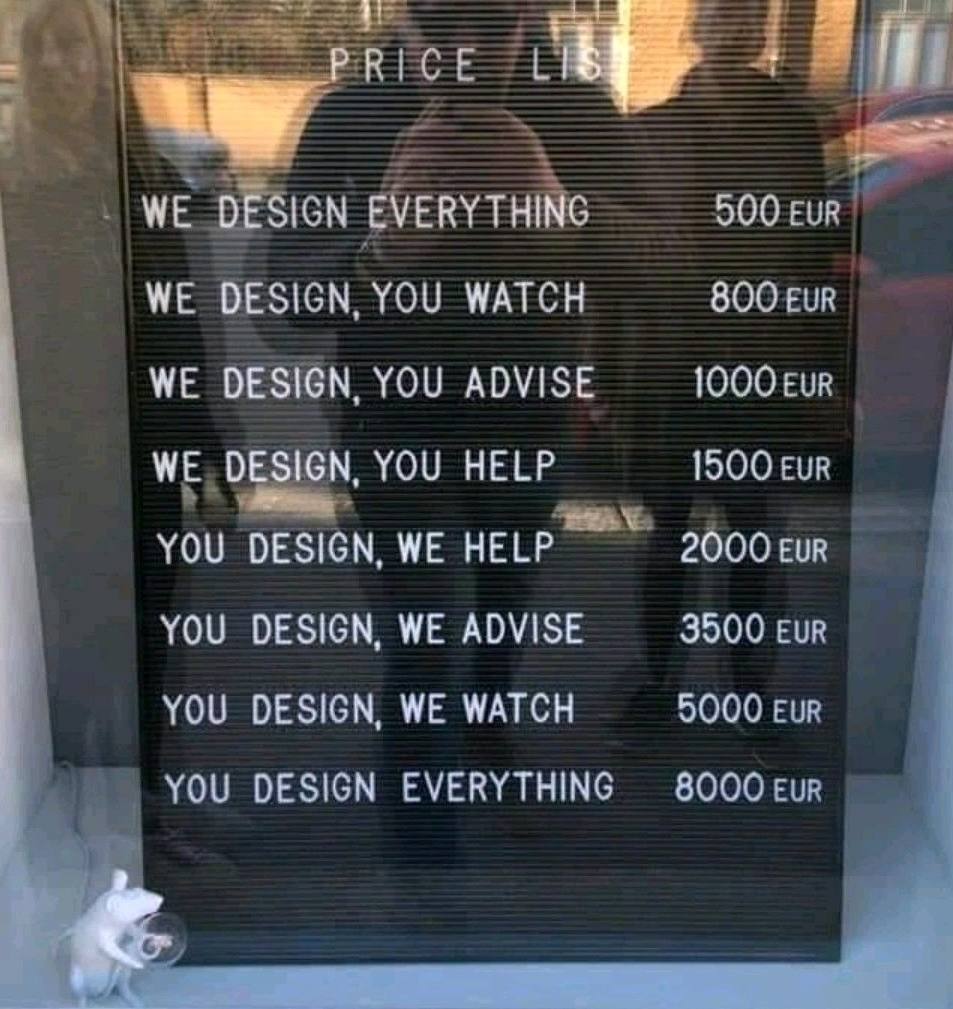 МЕБ IGN EVERYTHING 500 DESIGN, YoU WATCH 800 WE DESIGN, YOU ADVISE 1000 EuR YOU HELP 1500 Eur 2000 EuR YOU DESIGN, WE HELP 3500 Eur YOU DESIGN, WE ADVISE 5000 YOU DESIGN, WE WATCH 8000 EuR YOU DESIGN 