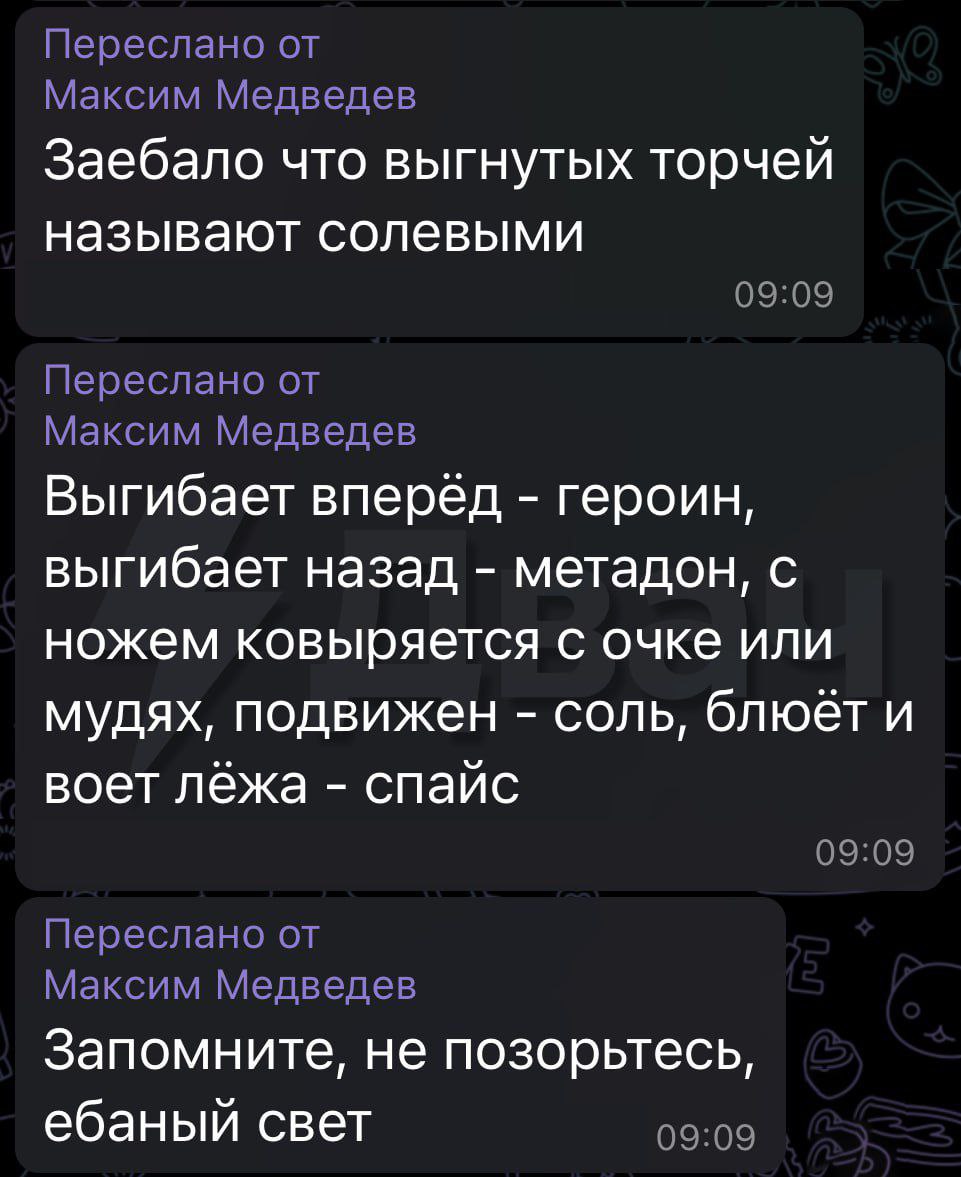 Переслано от Максим Медведев Заебало что выгнутых торчей называют солевыми 09:09 Переслано от Максим Медведев Выгибает вперёд героин, выгибает назад метадон, с ножем ковыряется с очке или мудях, подви