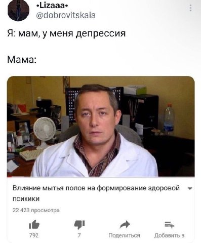 eLizaaae @dobrovitskaia Я: мам, у меня депрессия Мама: Влияние мытья полов на формирование здоровой ПСИХИКИ 22 423 просмотра ify 792 7 Поделиться Добавить в