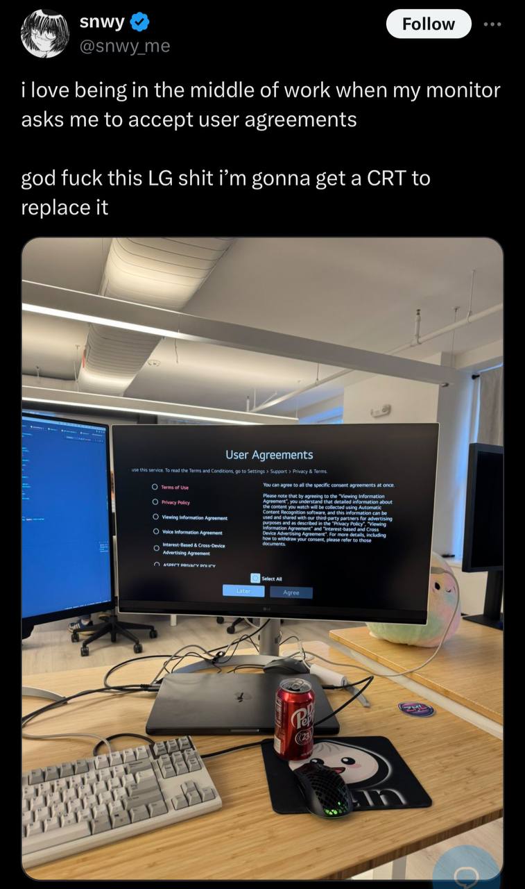 зиму @зп\му i love being in the middle of work when my monitor asks me to accept user agreements god fuck this shit gonna get а CRT to replace it User Agreements wie service. To read the Terms and Con